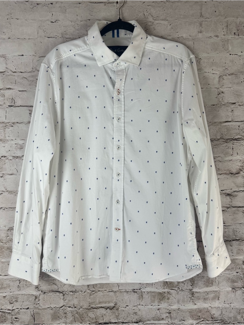 Robert Graham Men's Long Sleeve Button Down Shirt 2XL White Blue Cotton Stretch